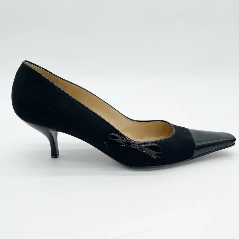 Chanel 2004 Karl Lagerfeld Black Jersey Patent Trim CC Logo Cap Toe Pumps EU 40